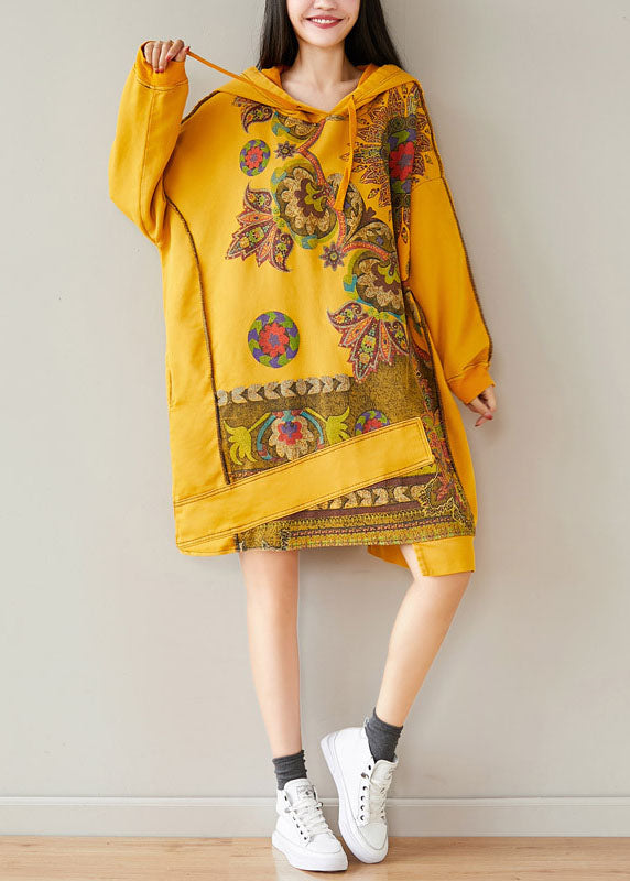 Yellow Hooded Asymmetrical Design Patchwork Cotton Mid Dresses Spring