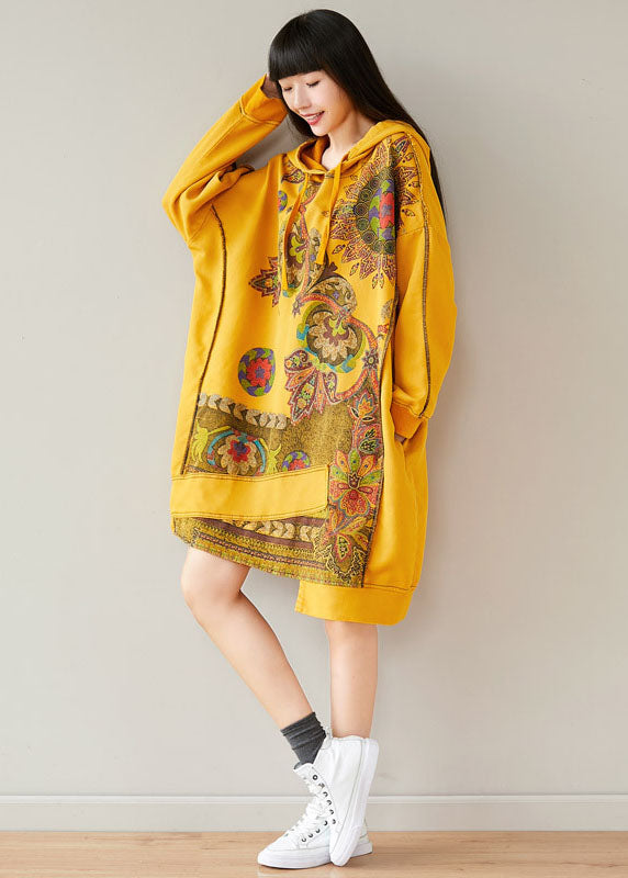 Yellow Hooded Asymmetrical Design Patchwork Cotton Mid Dresses Spring