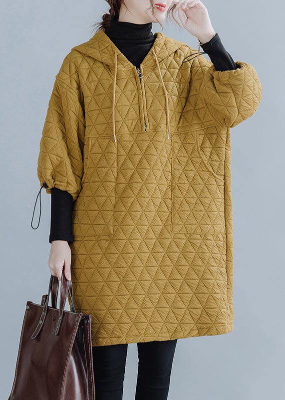 Yellow Hooded Drawstring Thick Mid Dress Long Sleeve