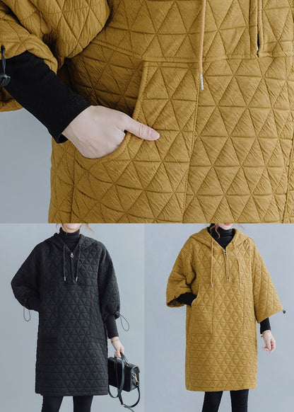 Yellow Hooded Drawstring Thick Mid Dress Long Sleeve