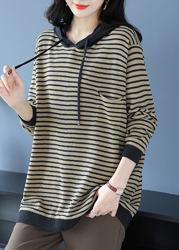 Yellow Hooded Striped Woolen Knit Sweaters Winter
