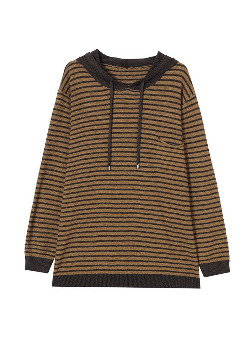 Yellow Hooded Striped Woolen Knit Sweaters Winter