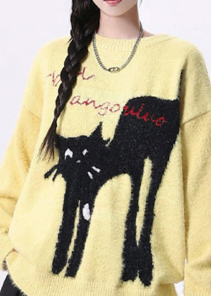 Yellow O Neck Cats Print Knit Sweaters Spring