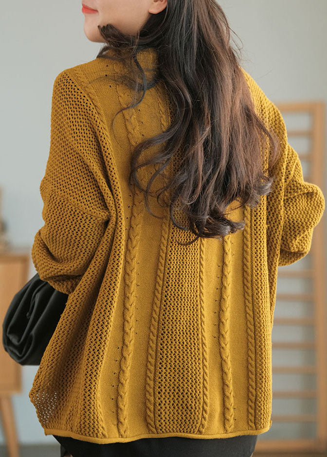 Yellow O-neck Hollow Out Knit Sweaters Fall