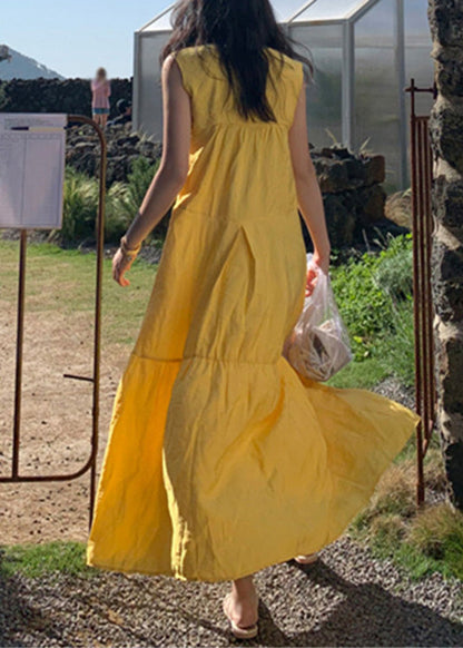 Yellow O-neck Patchwork Cotton Maxi Dresses Sleeveless