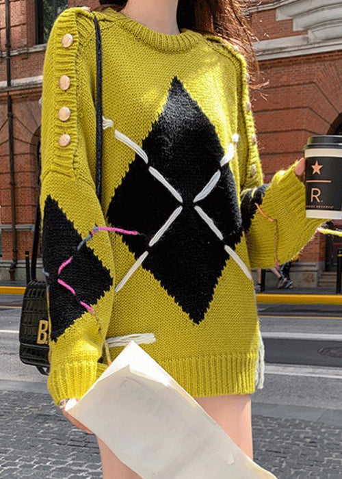 Yellow O Neck Patchwork Cozy Cotton Knit Sweater Batwing Sleeve