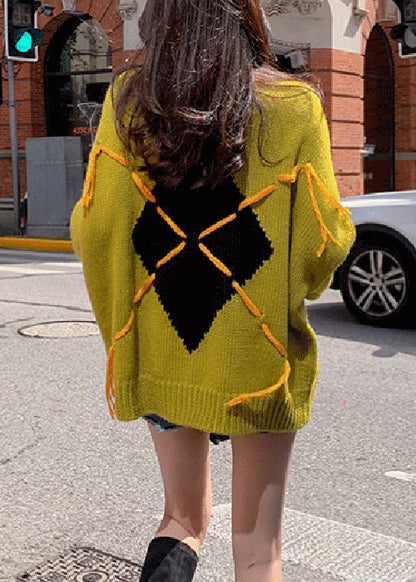 Yellow O Neck Patchwork Cozy Cotton Knit Sweater Batwing Sleeve