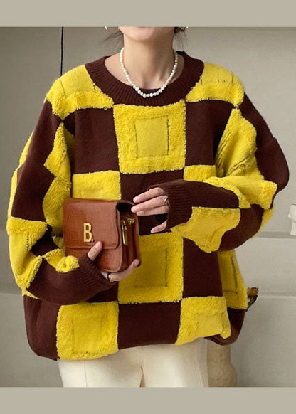 Yellow O-neck Plaid Knitted Tops Winter