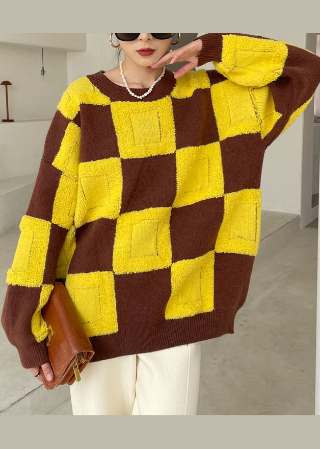 Yellow O-neck Plaid Knitted Tops Winter