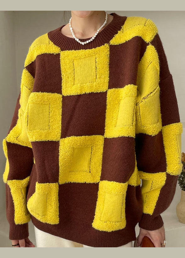 Yellow O-neck Plaid Knitted Tops Winter