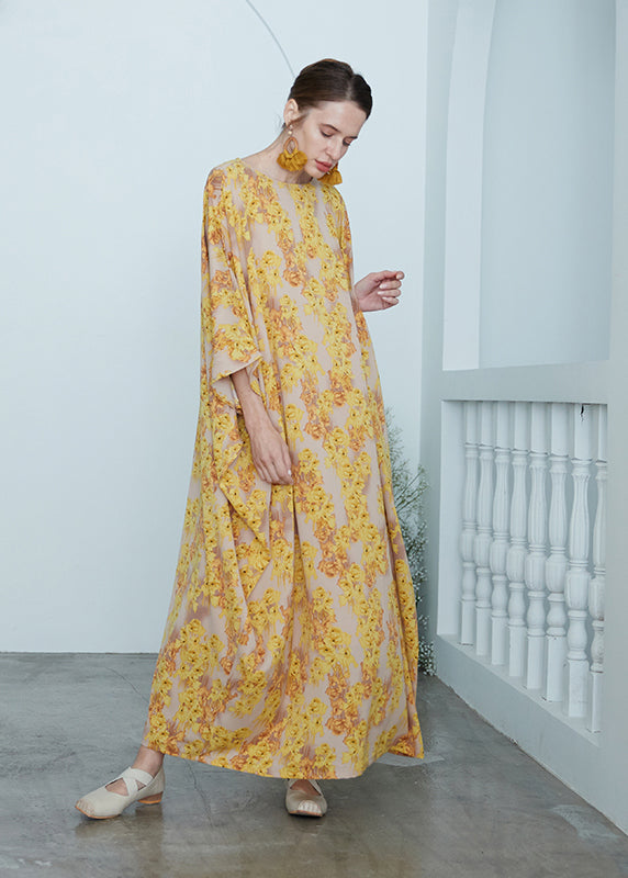 Yellow O Neck Print Chiffon Robe Dresses Summer