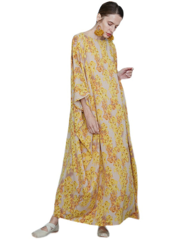 Yellow O Neck Print Chiffon Robe Dresses Summer