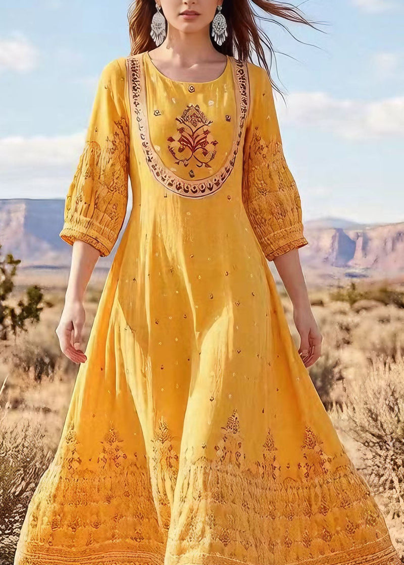 Yellow O Neck Print Cotton Long Dress Summer