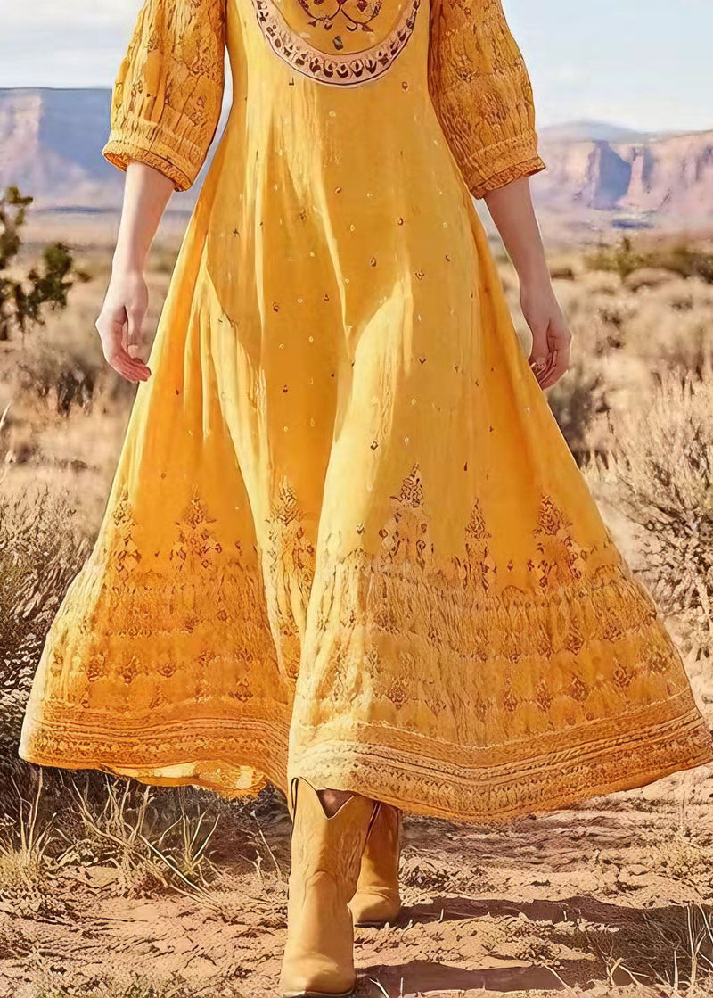 Yellow O Neck Print Cotton Long Dress Summer