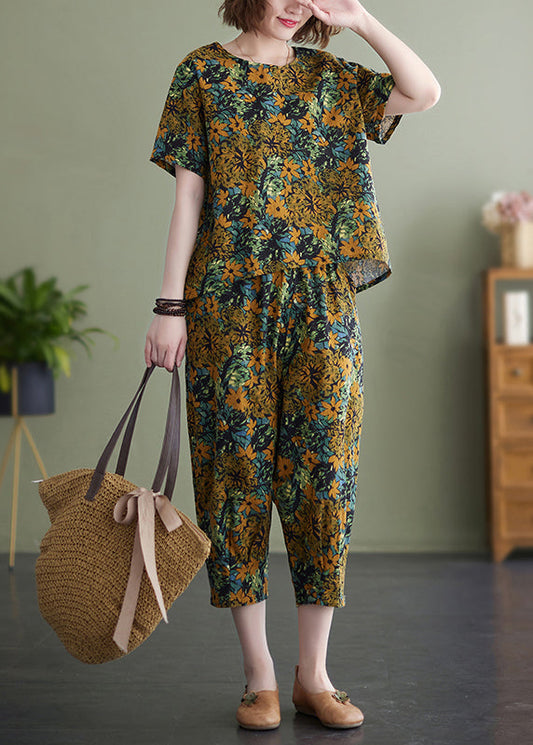 Yellow O-neck Print Cotton Two Piece Set Clothing Summer