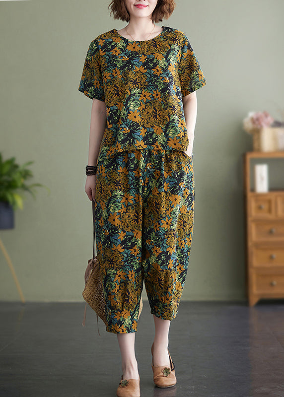 Yellow O-neck Print Cotton Two Piece Set Clothing Summer