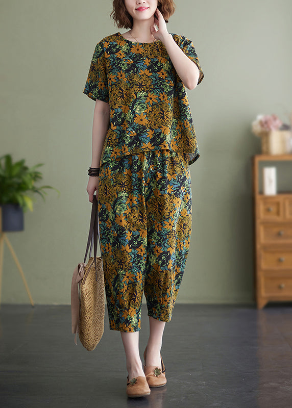 Yellow O-neck Print Cotton Two Piece Set Clothing Summer