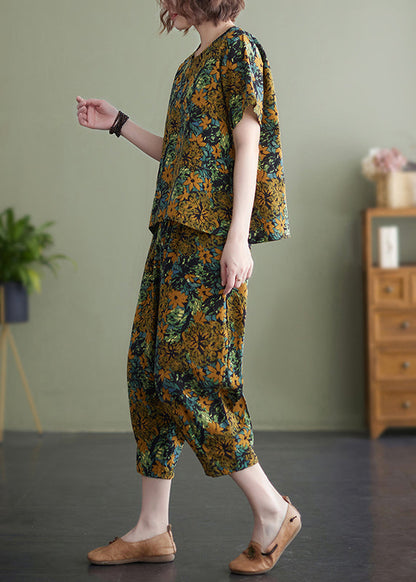 Yellow O-neck Print Cotton Two Piece Set Clothing Summer