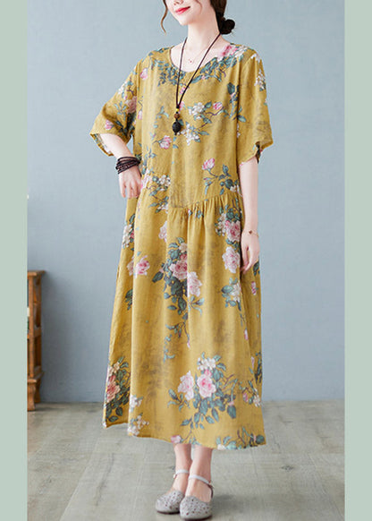 Yellow O-neck Print Maxi Dress Summer