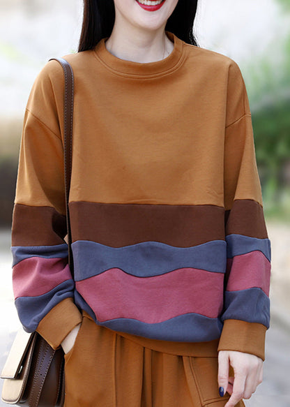 Yellow O-neck Striped Patchwork Top Long Sleeve