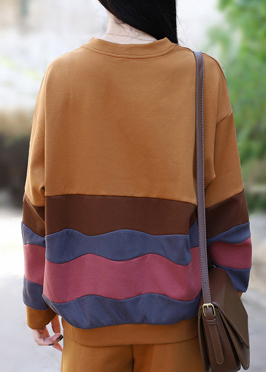 Yellow O-neck Striped Patchwork Top Long Sleeve