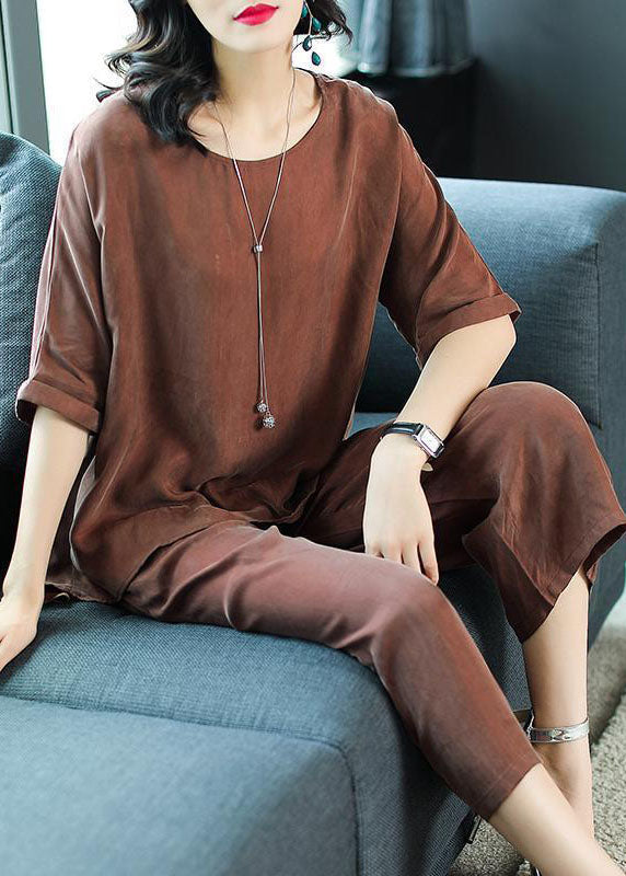 Yellow O-neck Tops and Pants Silk Two Pieces Set Summer
