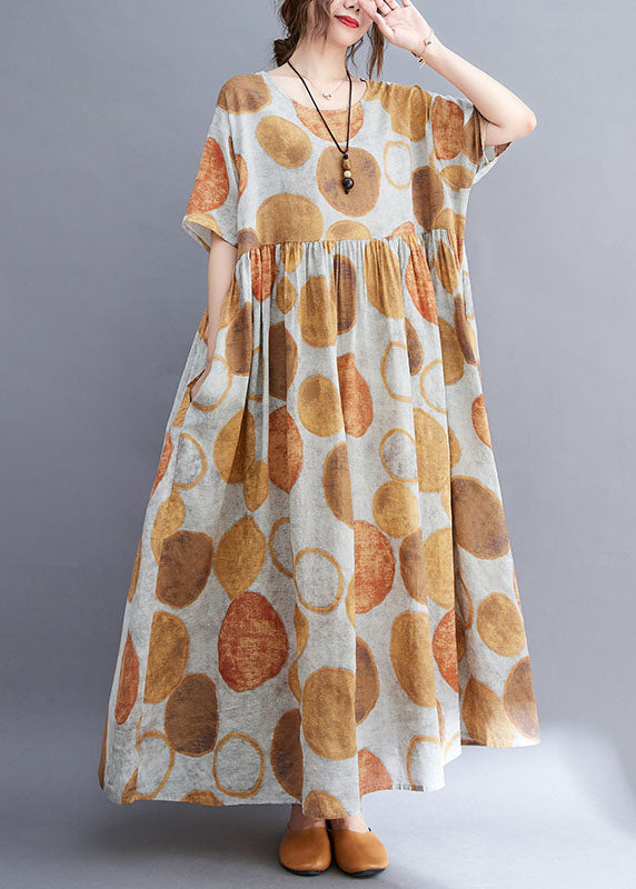 Yellow O-neck Wrinkled Dot Print Linen Long Dress Short Sleeve