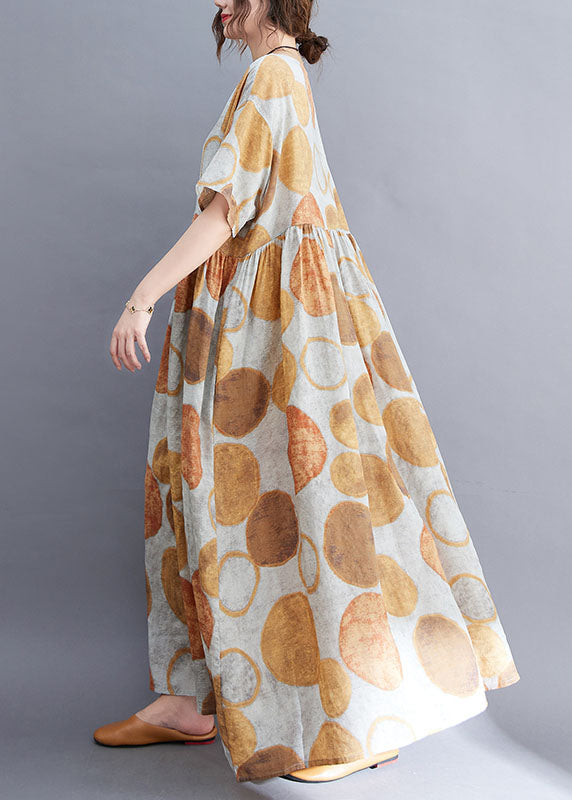 Yellow O-neck Wrinkled Dot Print Linen Long Dress Short Sleeve