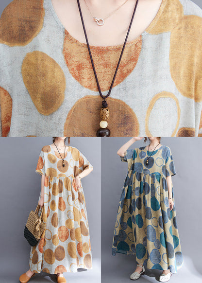 Yellow O-neck Wrinkled Dot Print Linen Long Dress Short Sleeve