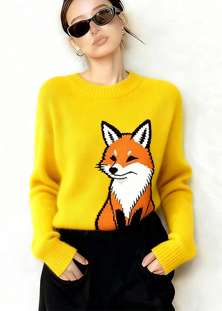 Yellow Oversized Fox Thick Knit Sweaters Winter
