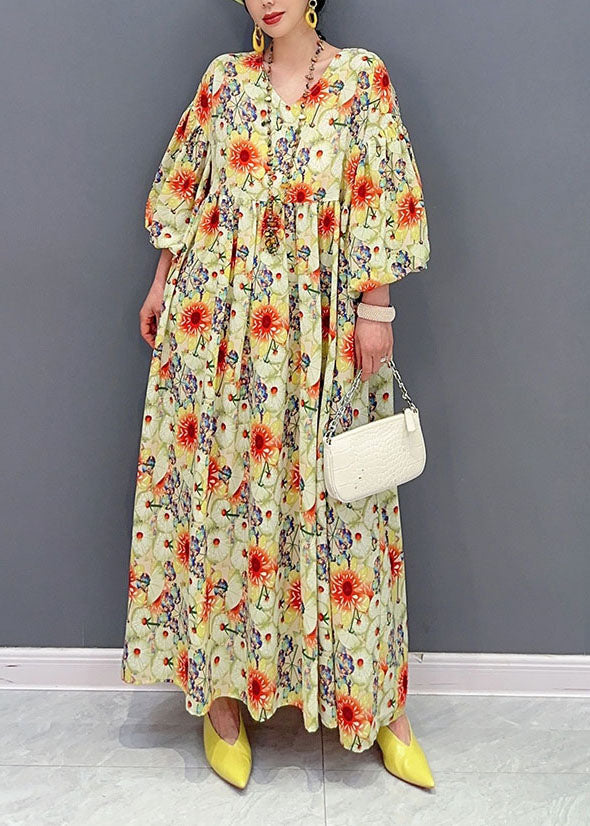 Yellow Oversized Print Cotton Robe Dresses Lantern Sleeve