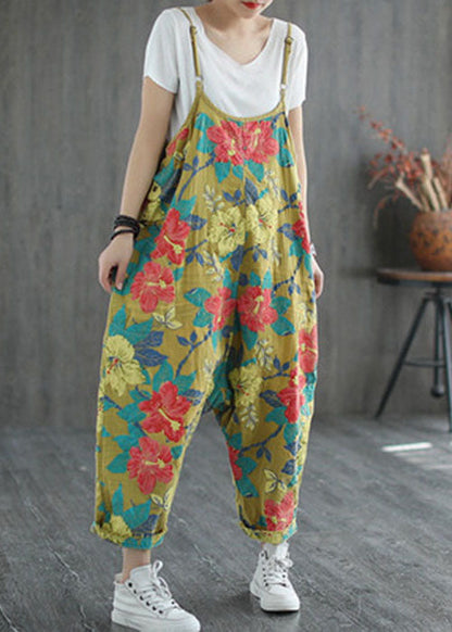 Yellow Oversized Print Cotton Jumpsuit Ripped Jeans Spring