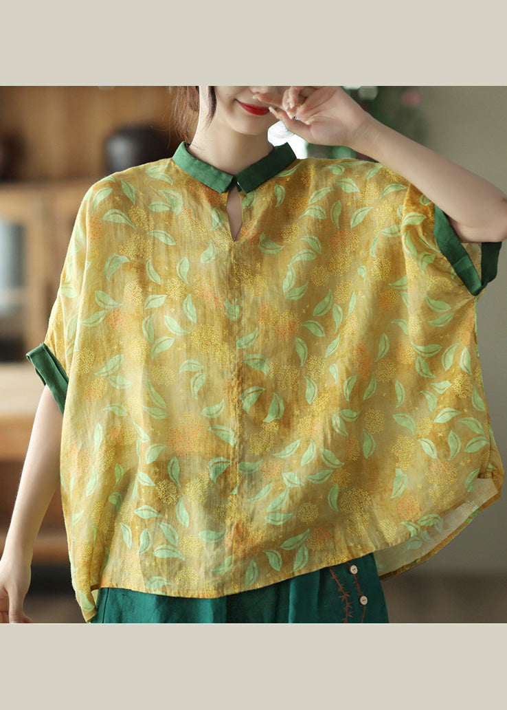 Yellow Patchwork Ramie Shirt Short Sleeve