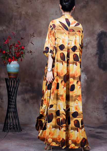 Yellow Peter Pan Collar Print Wrinkled Silk Long Shirt Dress Half Sleeve