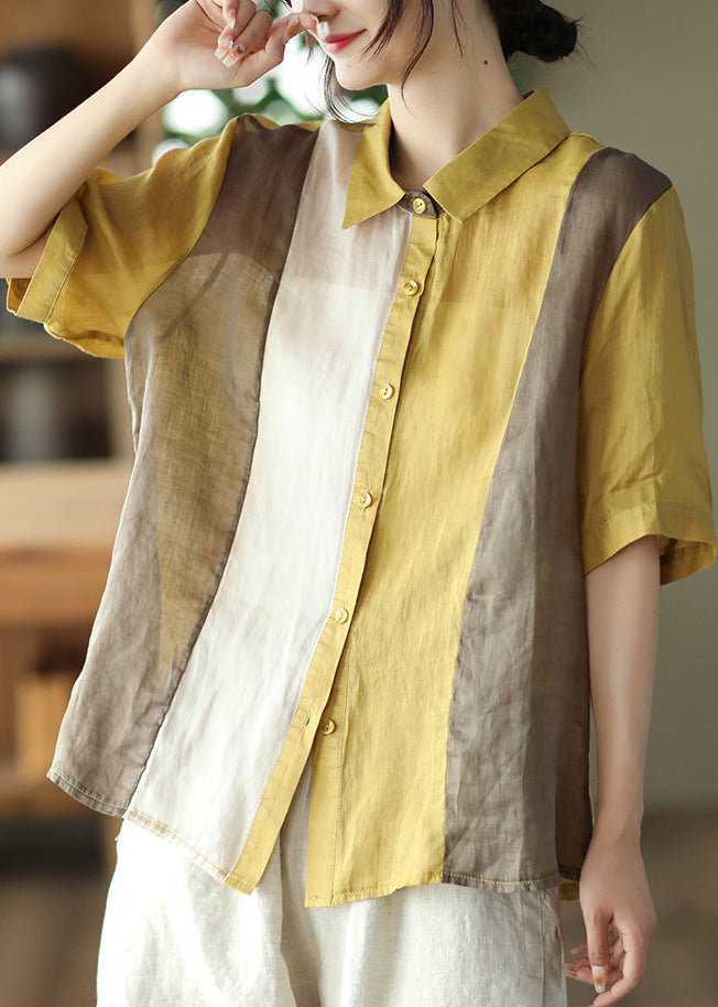 Yellow Peter Pan Collar Ramie Shirts Summer