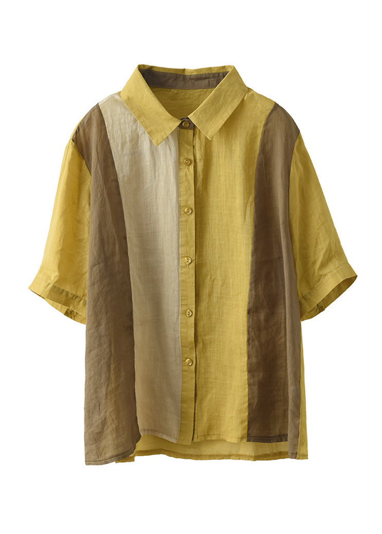 Yellow Peter Pan Collar Ramie Shirts Summer