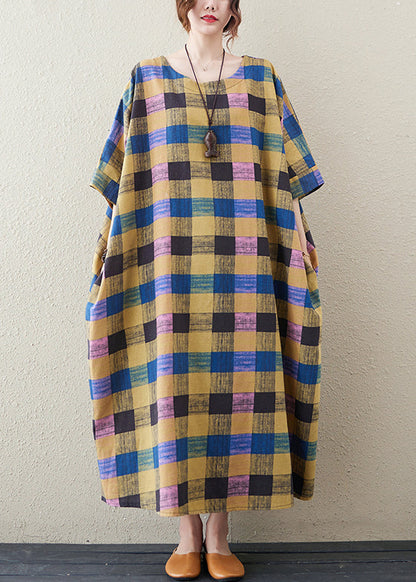 Yellow Plaid O Neck Print Cotton Long Dress Half Sleeve