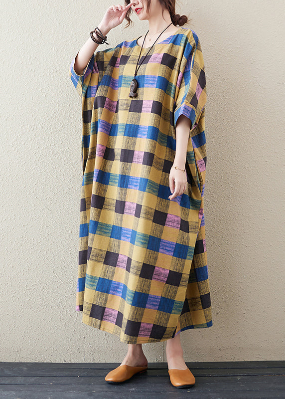 Yellow Plaid O Neck Print Cotton Long Dress Half Sleeve