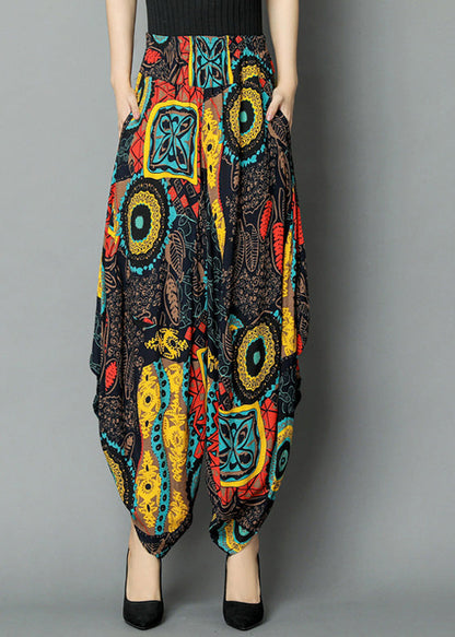 Yellow Pockets Print Elastic Waist Crop Pants Summer