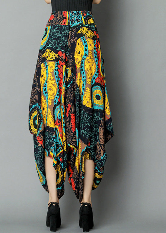 Yellow Pockets Print Elastic Waist Crop Pants Summer