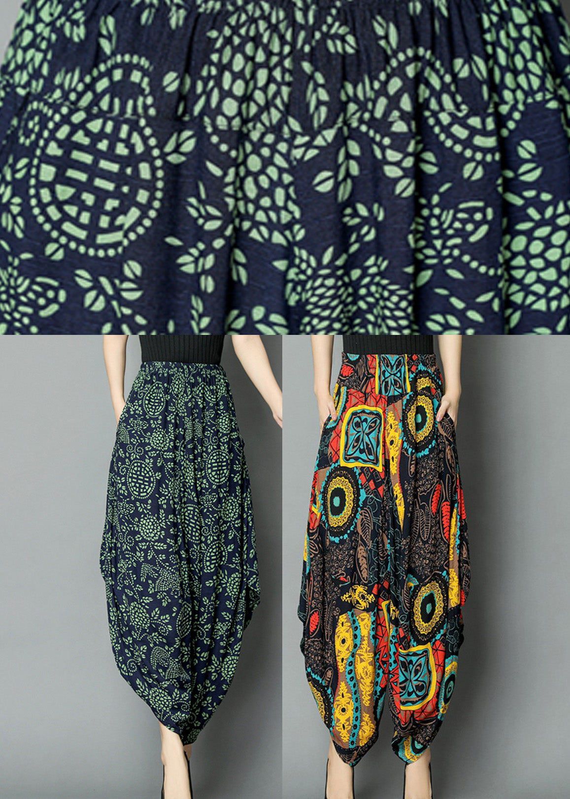 Yellow Pockets Print Elastic Waist Crop Pants Summer
