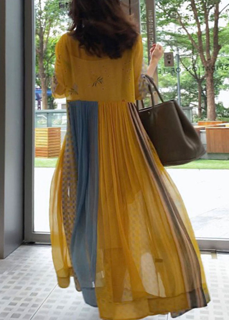 Yellow Print Patchwork Chiffon Vacation Dresses Spring