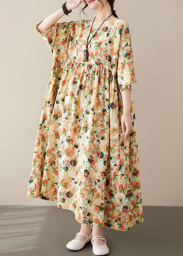 Yellow Print Patchwork Holiday Maxi Dress Short Sleeve