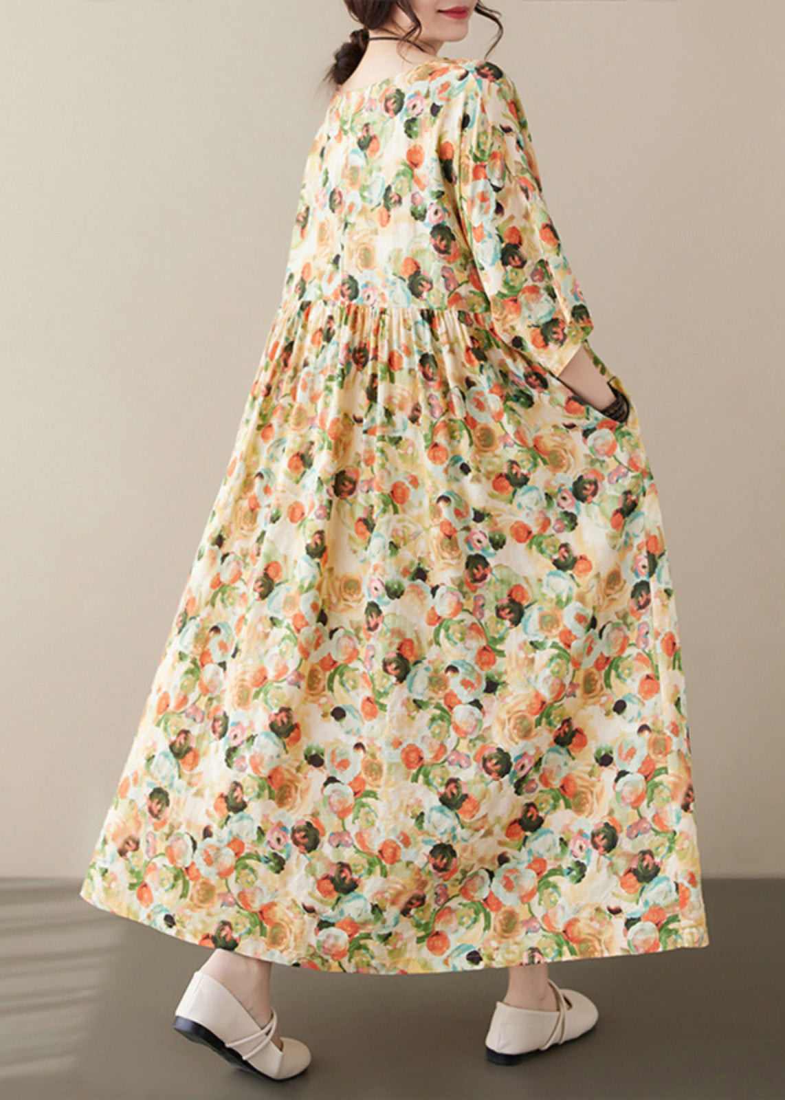 Yellow Print Patchwork Holiday Maxi Dress Short Sleeve