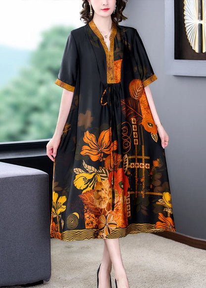 Yellow Print Pockets Wrinkled Patchwork Silk Dress Summer