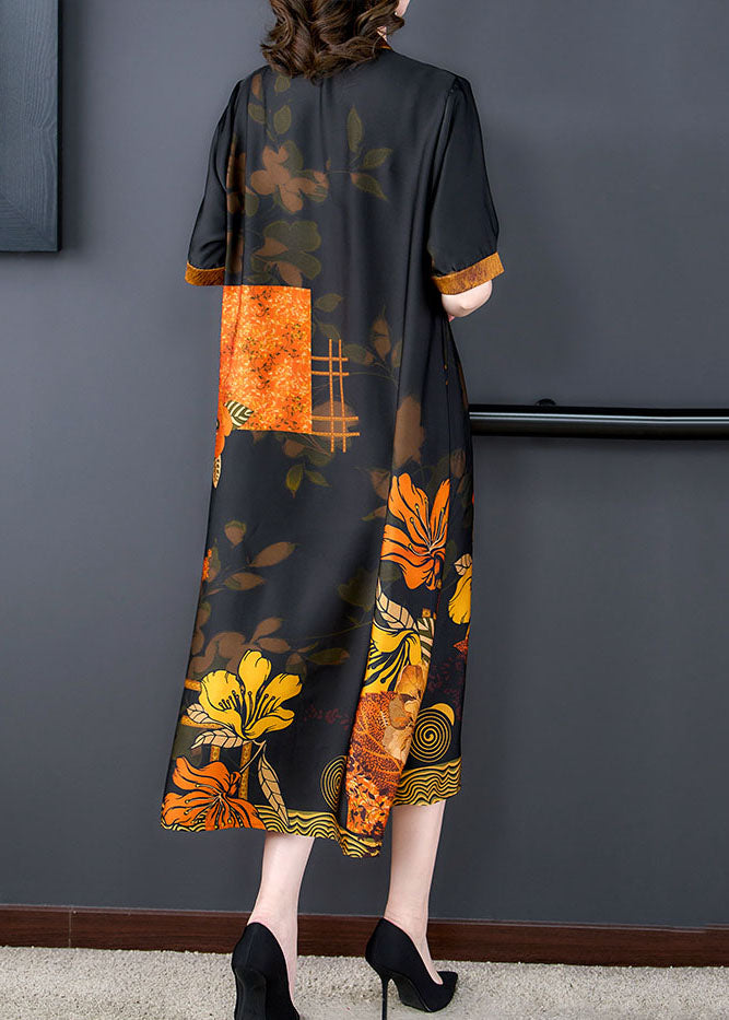 Yellow Print Pockets Wrinkled Patchwork Silk Dress Summer