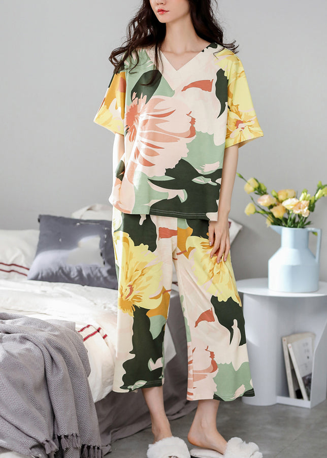 Yellow Print Two Pieces Set Short Sleeve