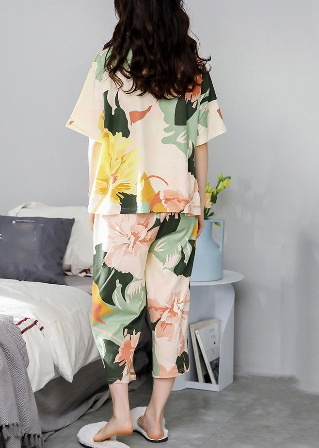 Yellow Print Two Pieces Set Short Sleeve