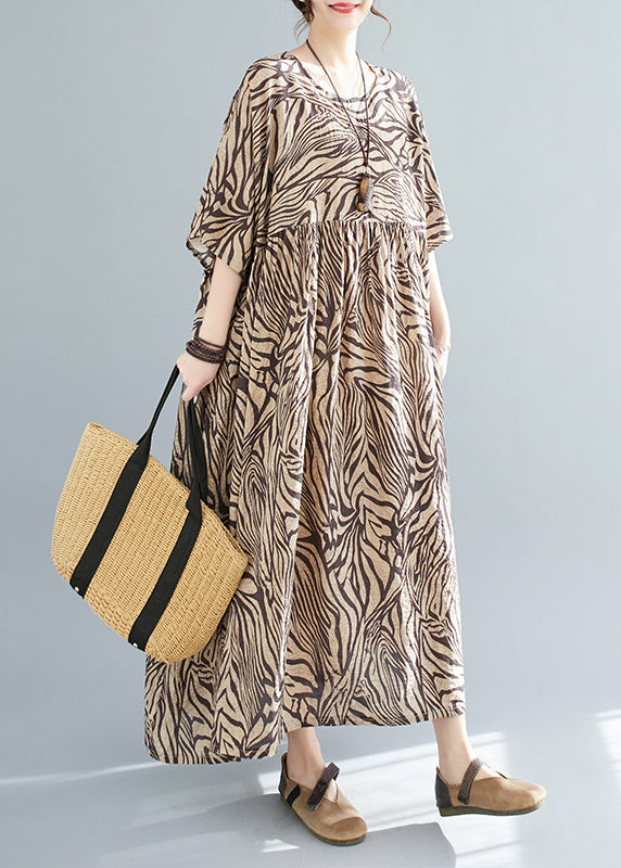 Yellow Print Wrinkled Cotton Vacation Long Dresses Short Sleeve