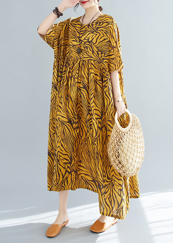Yellow Print Wrinkled Cotton Vacation Long Dresses Short Sleeve